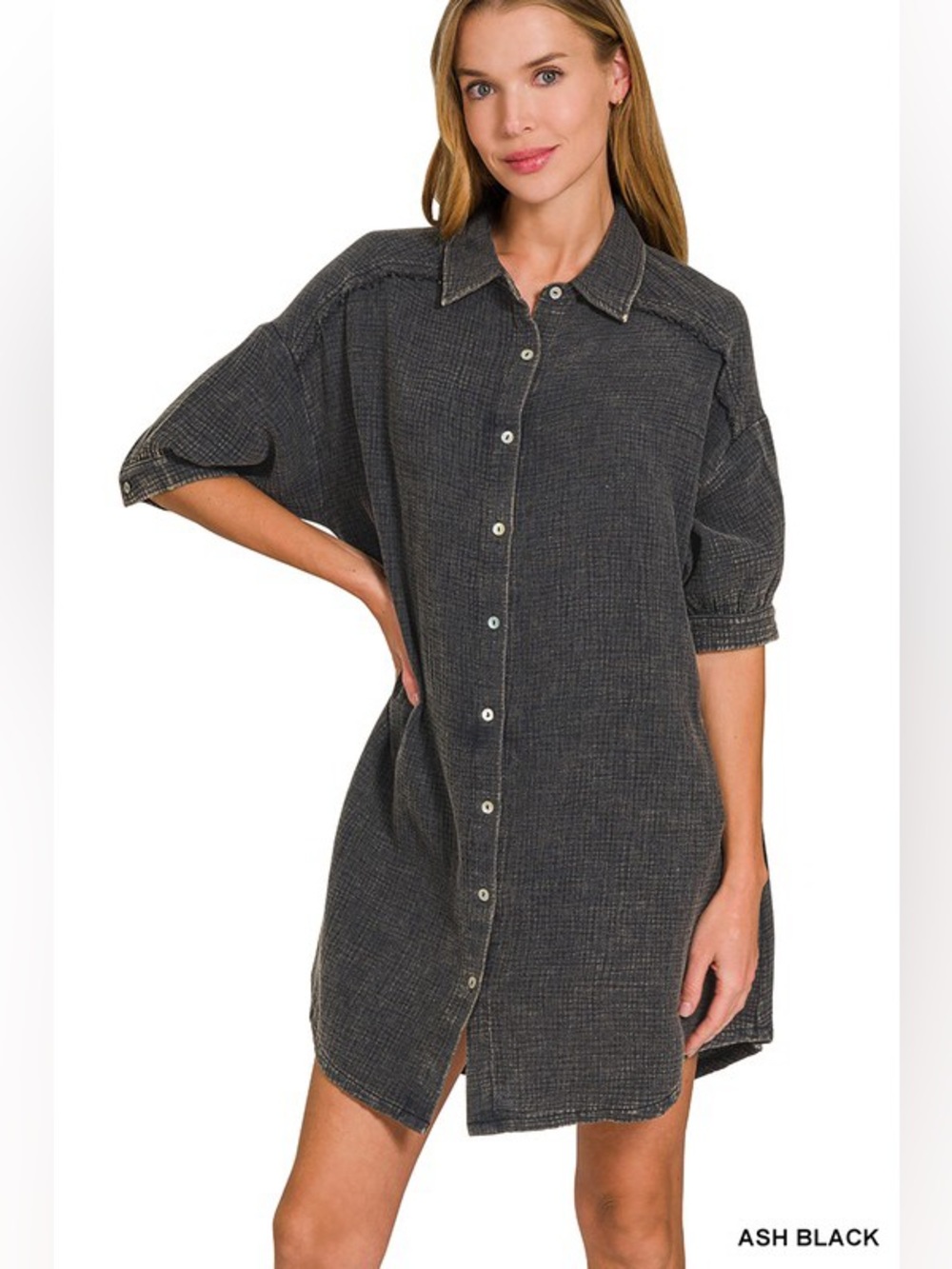 Zenana Washed Double Gauze Button Down Shirt Dress